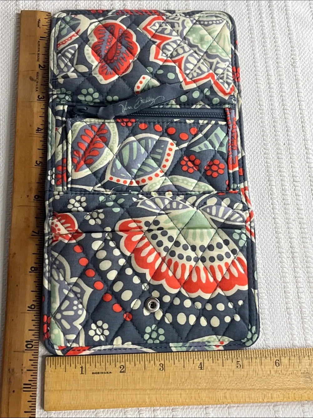 Vera Bradley Gray, Orange, Green Floral tri-fold Wallet with ID holder & snap